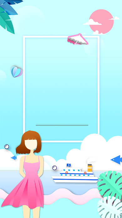 蓝色沙滩旅行插画手机海报背景