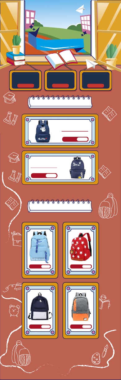手绘卡通开学季书包打折电商首页背景