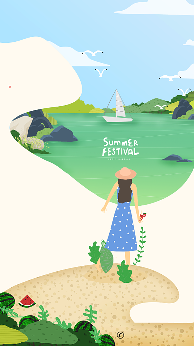 创意插画大暑时节海报背景