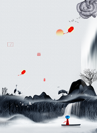 清明节灰色山水古风印刷海报背景