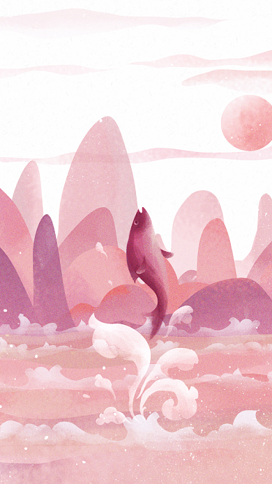 唯美清新粉色励志鱼破水而出插画手机壁纸背景