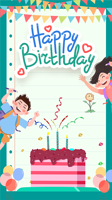 绿色卡通可爱生日祝福手机海报背景