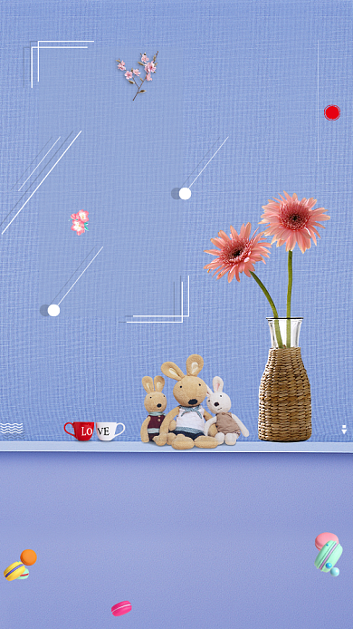 四月你好蓝色布偶花茶杯清新唯美手机海报背景