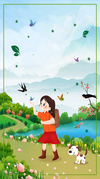 春游踏青山水花朵绿色手绘手机海报背景