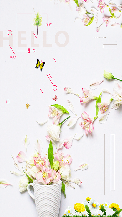 四月你好粉色白色花朵清新唯美卡通手机海报背景