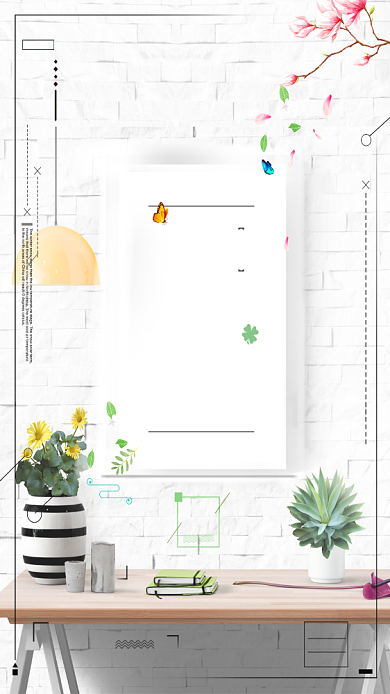 四月你好鲜花桌子花瓶清新唯美卡通手机海报背景