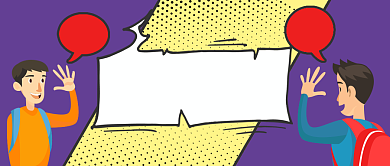 紫色卡通手绘同学打招呼招手世界问候日微信公众号素材图片背景