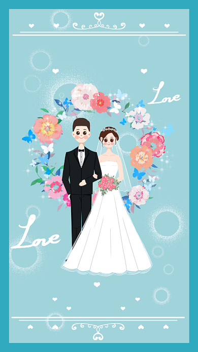 唯美蓝色浪漫西式卡通婚礼邀请函手机海报背景