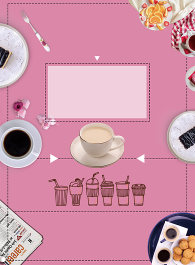 咖啡粉色咖啡杯温暖水果报纸印刷海报背景