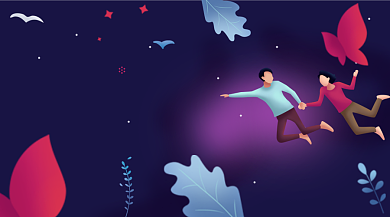 清新剪纸风情人节情侣浪漫插画手机海报背景