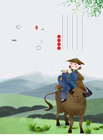 清明节牧童牛绿色卡通印刷海报背景