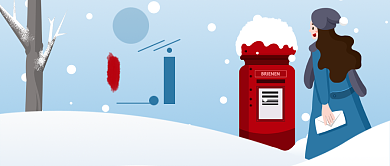 浅蓝色雪花寒冷女孩寄信节气小寒微信公众号素材图片背景