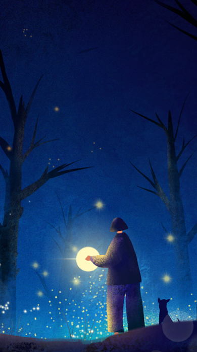 深蓝色小清新孩子手捧月亮手机壁纸海报背景