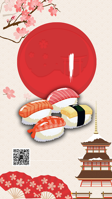 红色古风餐饮美食日本料理寿司手机海报背景