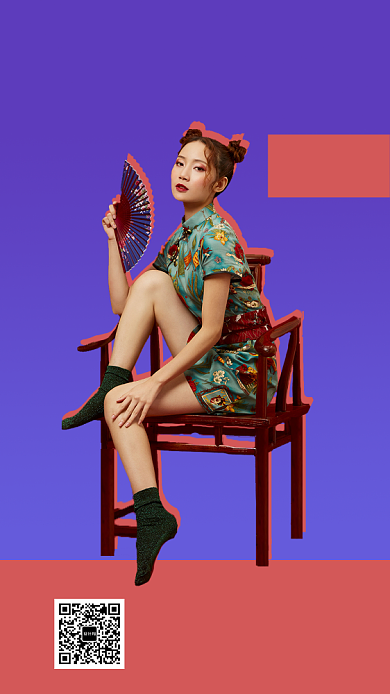 撞色时尚国潮服装促销手机海报模板背景