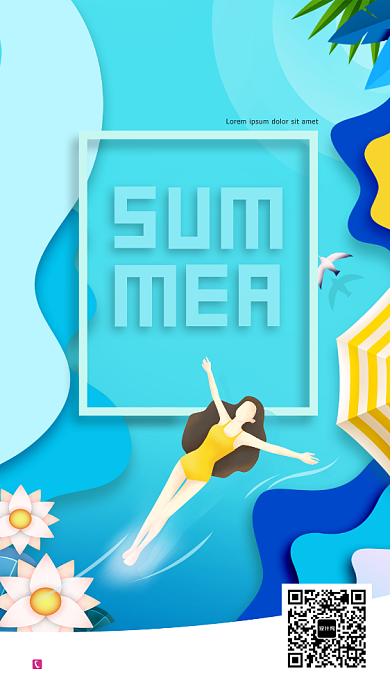 创意卡通立夏夏天游泳女孩海报背景