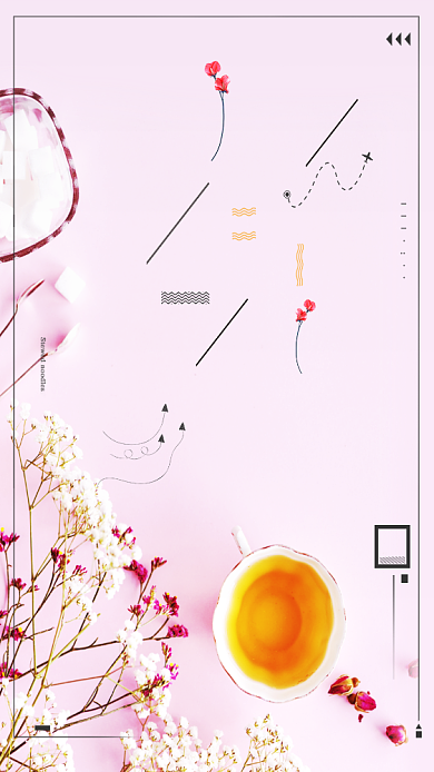 四月你好粉色花朵茶杯清新卡通手机海报背景