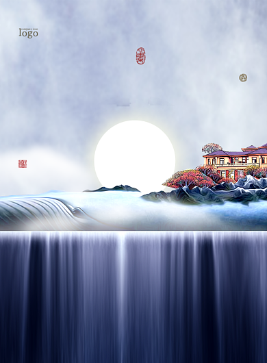 东方院境瀑布山峰中国风清新印刷海报背景