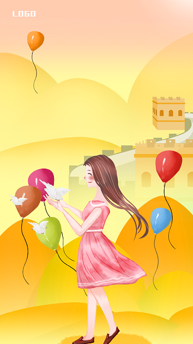 手绘风可爱女孩国庆祝福手机海报背景