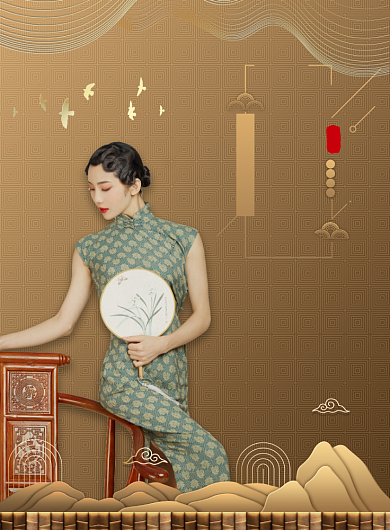 金色中国风服饰国潮旗袍复古印刷海报背景