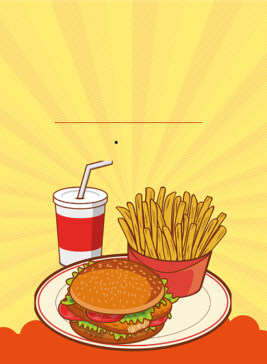 红色黄色杂志风餐饮美食汉堡薯条印刷海报背景