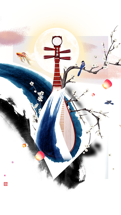 古风水墨梨花琵琶素雅手机海报背景