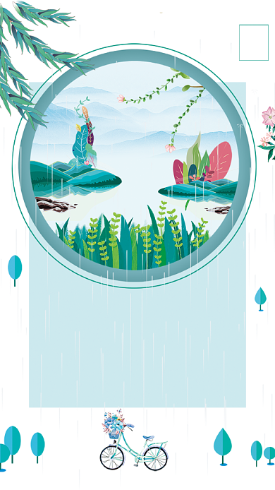 谷雨绿色卡通风景清新简约手机海报背景