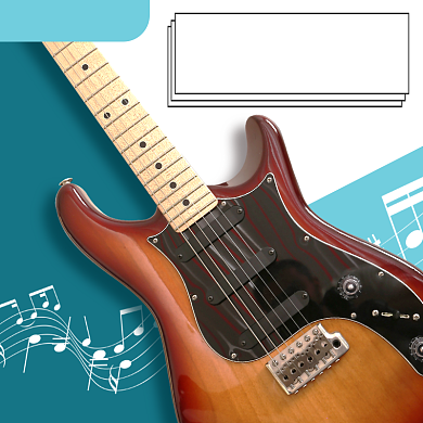 蓝色白色清新音符乐器吉他直通车背景