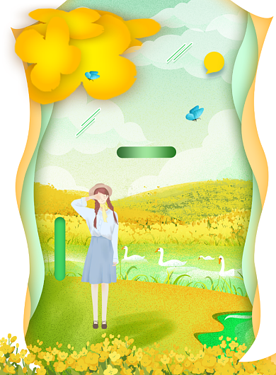 油菜花三月春暖黄色卡通印刷海报背景