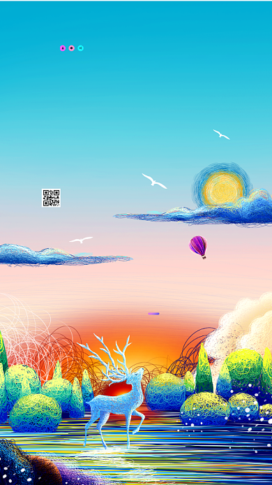 四月你好手绘鹿风景唯美卡通手机海报背景