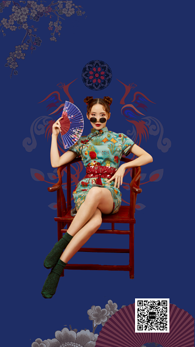 深紫色传统经典国潮服装手机海报模板背景