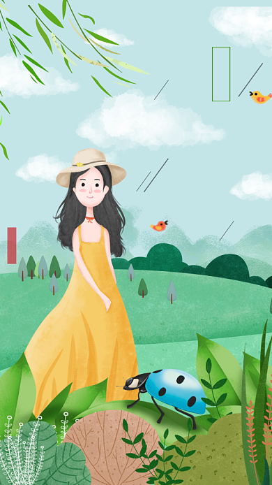 四月你好蓝天白云女孩清新唯美卡通手机海报背景