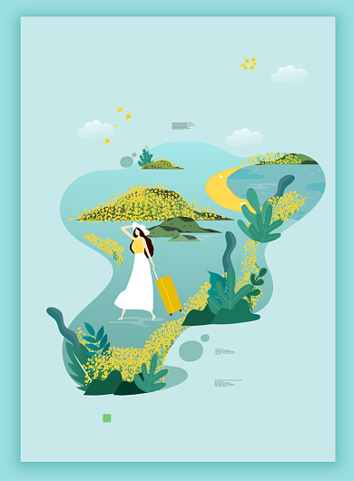 油菜花开欣赏春天绿色清新卡通印刷海报背景