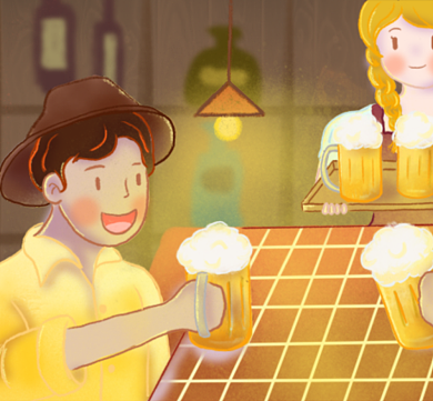 暖色手绘喝酒兄弟插画朋友圈封面背景