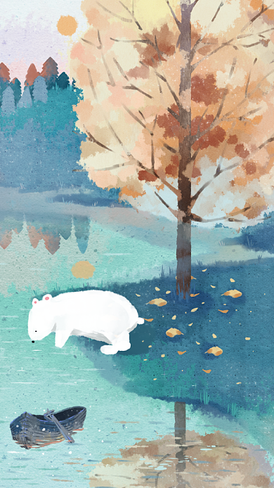 清新小白熊河边森林唯美插画手机壁纸背景