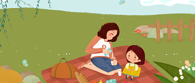 周末野餐插画人物草地绿色手绘公众号首图背景