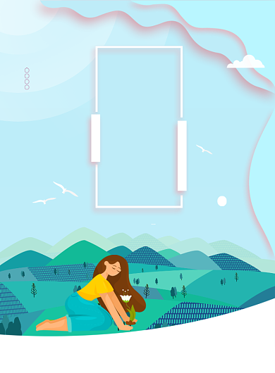 你好四月蓝色扁平卡通女孩印刷海报背景