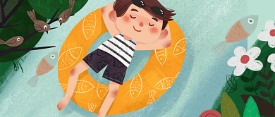 蓝湖小孩游泳卡通可爱公众号首图背景