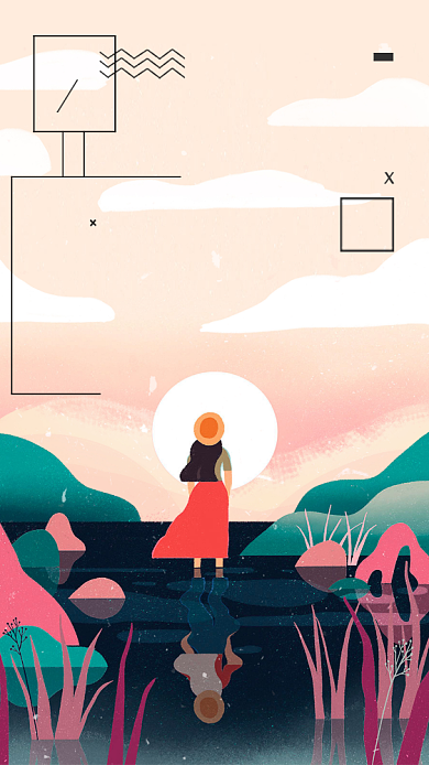 手绘晚安美景手机海报背景