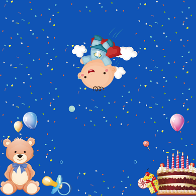 蓝色卡通可爱满月周岁生日贺卡模板背景