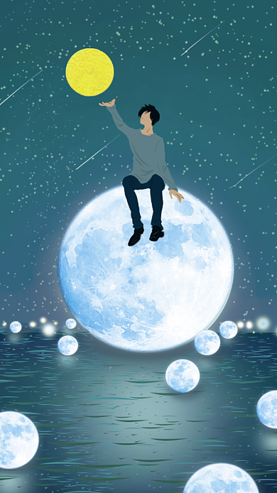 动画人物唯美月亮河星空手机壁纸海报背景