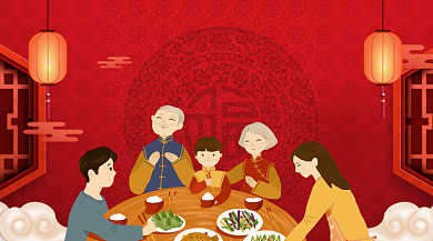 春节新年过年大红喜庆团圆饭手机海报背景