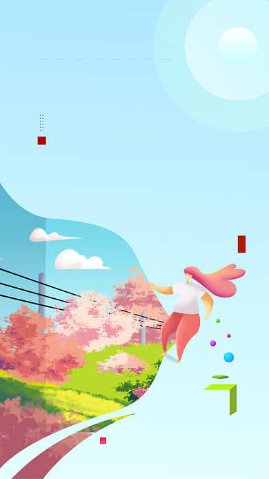 四月你好蓝天白云花草清新唯美卡通手机海报背景