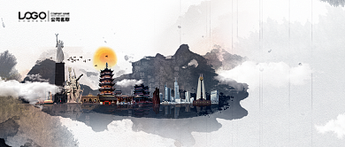 橙色月牙白水墨质感欢迎城市公众号首图背景