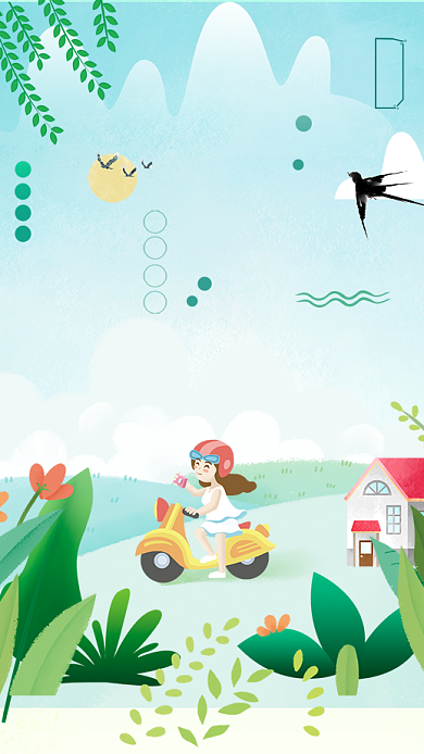 四月你好蓝天白云女孩清新唯美卡通手机海报背景