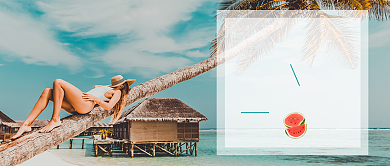 蓝色海边八月你好清新首图背景