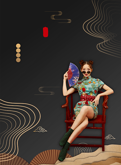 黑色金色中国风服饰国潮风旗袍印刷海报背景