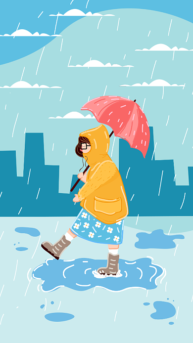 小清新人物雨中漫步的小女孩动画手机壁纸海报背景