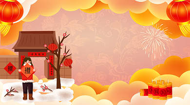 新年灯笼云海爆竹手绘手持倒福手机海报背景