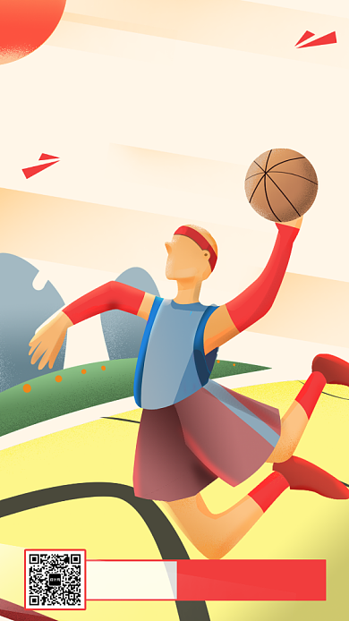手绘扁平运动篮球争霸赛手机海报背景